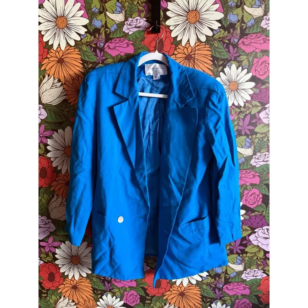 Vintage 80s Christian Dior The Suit Blazer Designer Jacket in Turquoise Blue